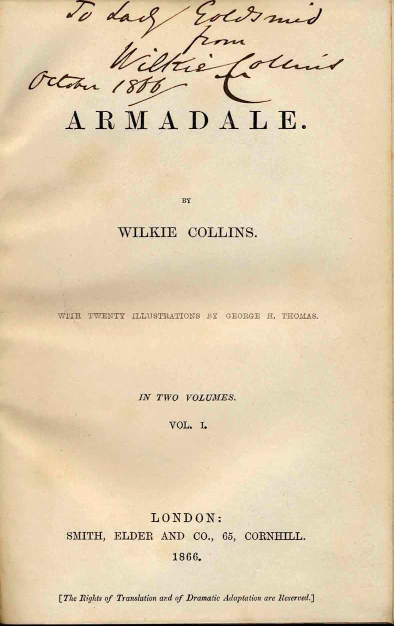 Presentation copy of Armadale to Lady Goldsmid