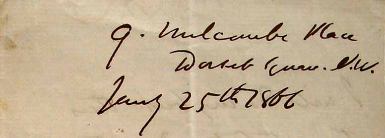 Wilkie Collins's handwritten address for Melcombe Place