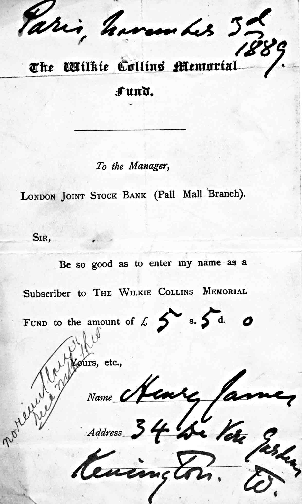 The Wilkie Collins Memorial Fund - donation from Henry James.