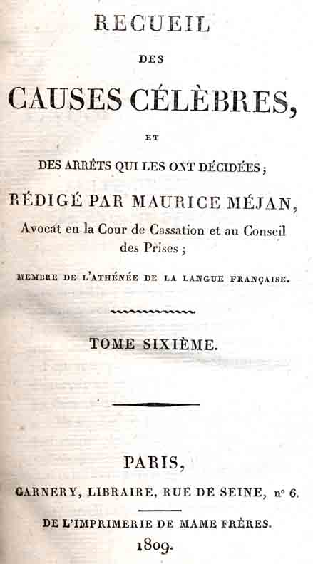 Title-page to Receuil des cause Celebres by Maurice Mejan.