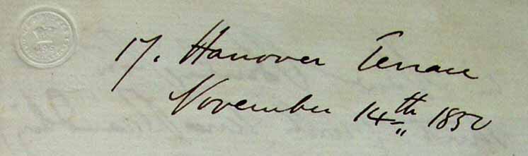 Wilkie Collins's handwritten address in Hanover Terrace